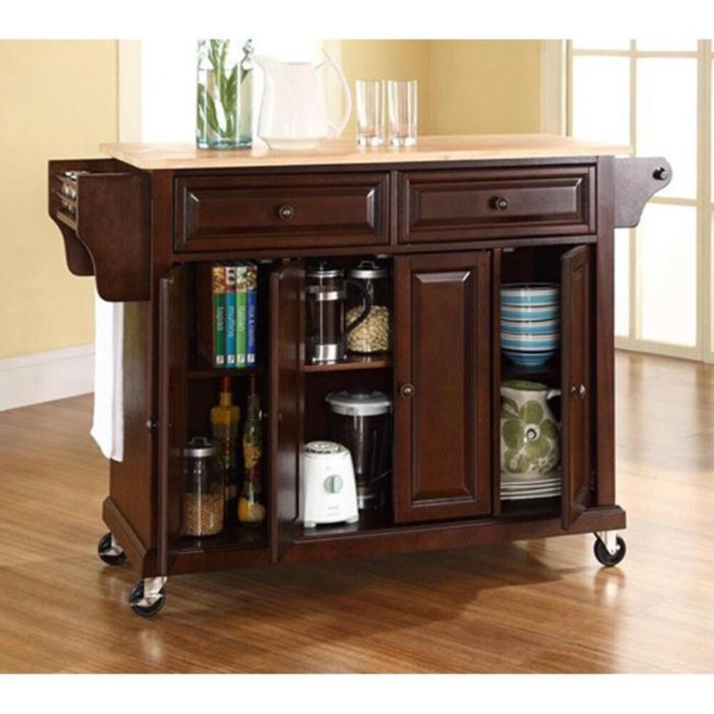 Crosley Furniture Natural Wood Top Kitchen Cart in Vintage Mahogany, , large
