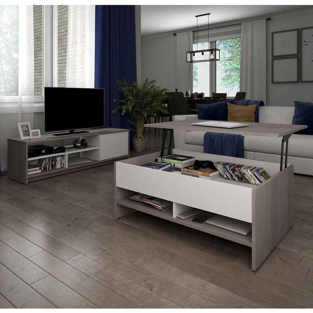 Bestar Small Space 2-Piece Lift-Top Coffee Table and TV Stand Set in Bark Gray and White, , large
