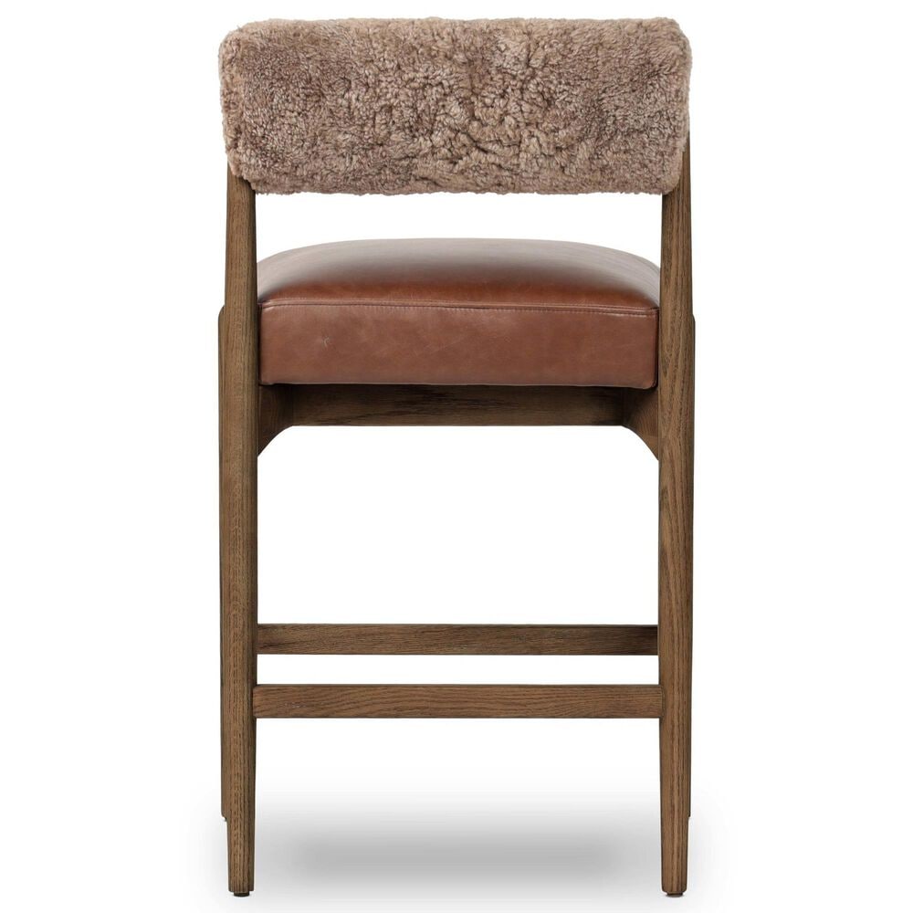 Four Hands Jazelle Counter Stool with Taupe Shearling Upholstery in Tan Oak, , large