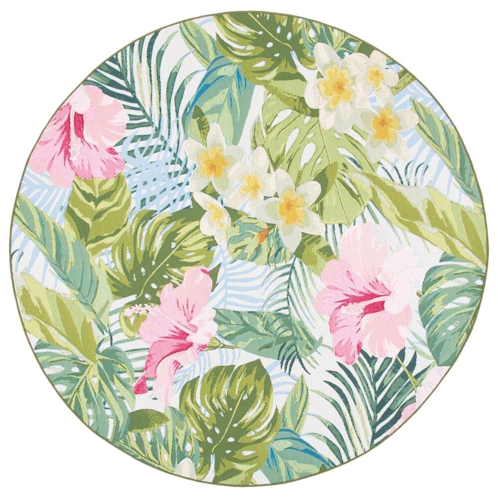 Safavieh Barbados Tropical Floral 6"6" Round Green and Pink Indoor/Outdoor Area Rug, , large