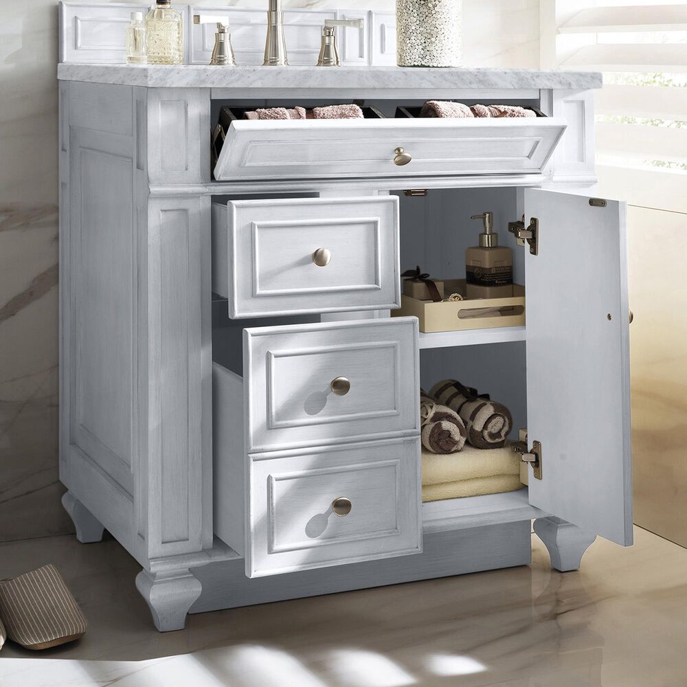 James Martin Vanities Bristol 30&quot; Single Bathroom Vanity in Bright White with 3 cm Carrara White Marble Top and Rectangular Sink, , large