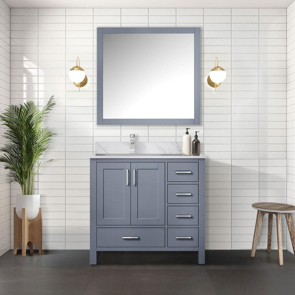 Lexora Home Jacques 36&quot; Left Offset Single Bathroom Vanity in Dark Grey with 2 cm White Carrara Marble Top and Rectangular Sink, , large