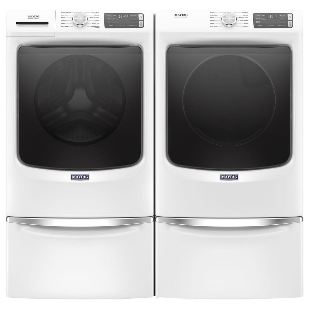Maytag 4.8 Cu. Ft. Front Load Washer and 7.3 Cu. Ft. Electric Dryer Laundry Pair with Pedestal in White, , large