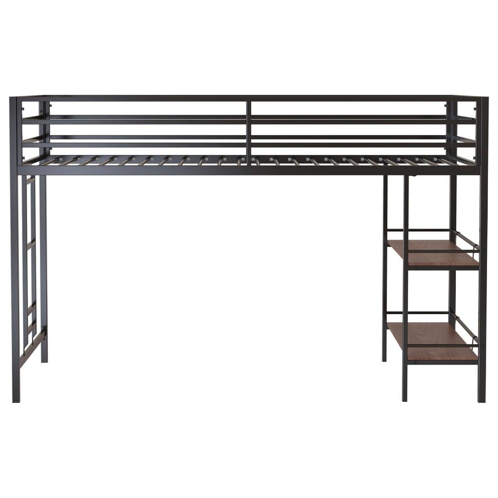 Hearth and Haven Adam Twin Loft Bunk Bed with Cinnamon Wood Shelf in Black, , large