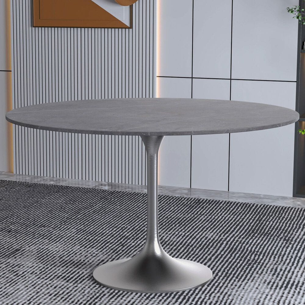 Leisuremod LeisureMod Verve Collection 48 Round Dining Table, Brushed Chrome Base with Sintered Stone Grey Top, , large