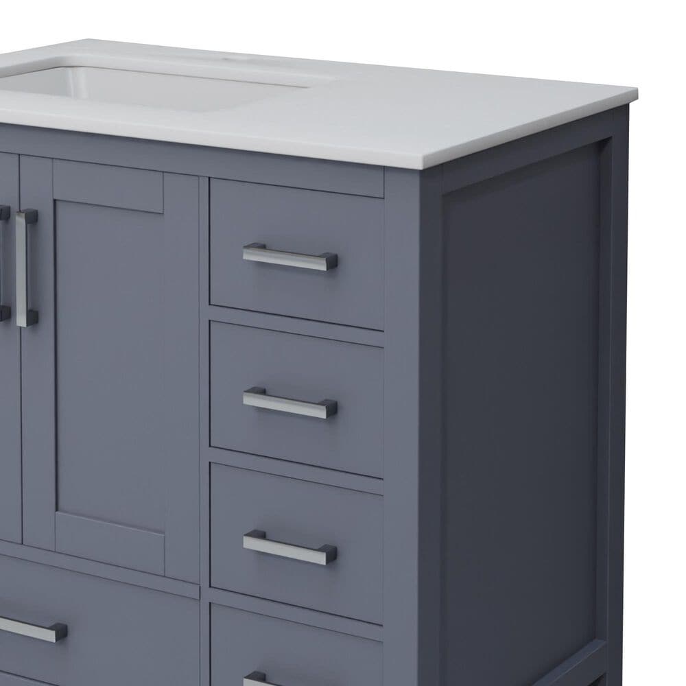 Lexora Home Jacques 36" Left Offset Single Bathroom Vanity in Dark Grey with 2 cm White Quartz Top and Rectangular Sink, , large