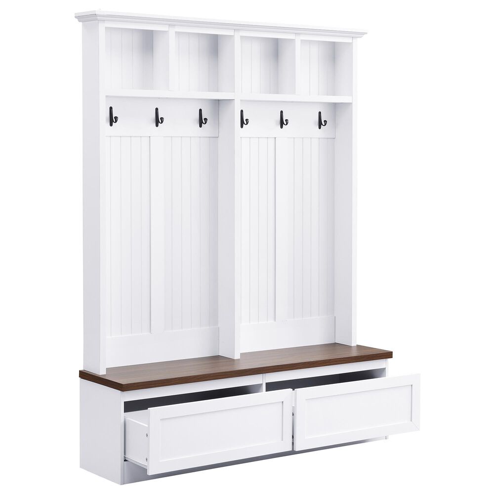 HOMLUX 6-Hook Hall Tree with Wood Grain Bench in White, , large