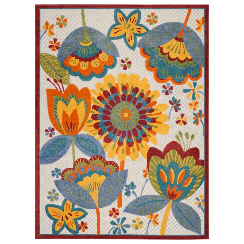 Nourison Aloha 9" x 12" Bright Blue, Neutral Ivory, Yellow and Red Indoor/Outdoor Area Rug, , large