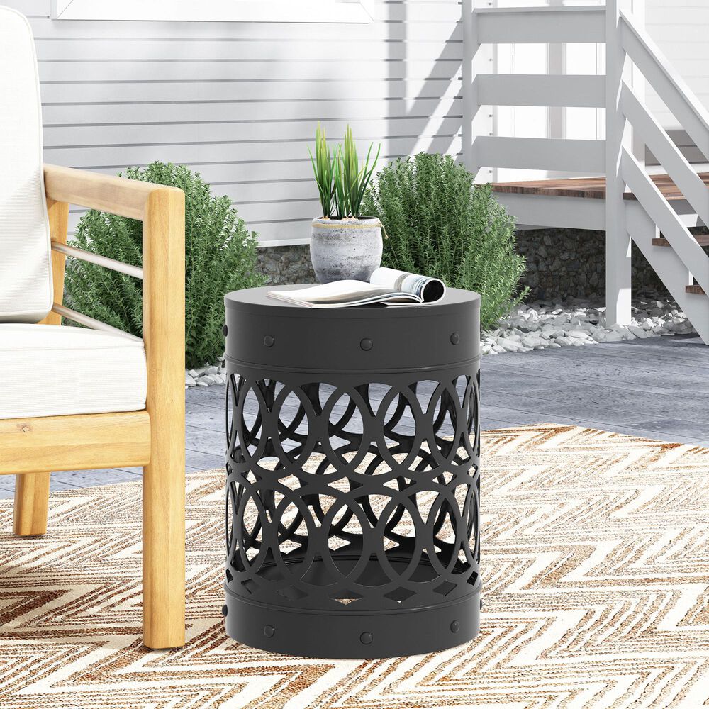 Hearth and Haven Large Cylindrical-Shaped Iron Patio End Table in Black, , large