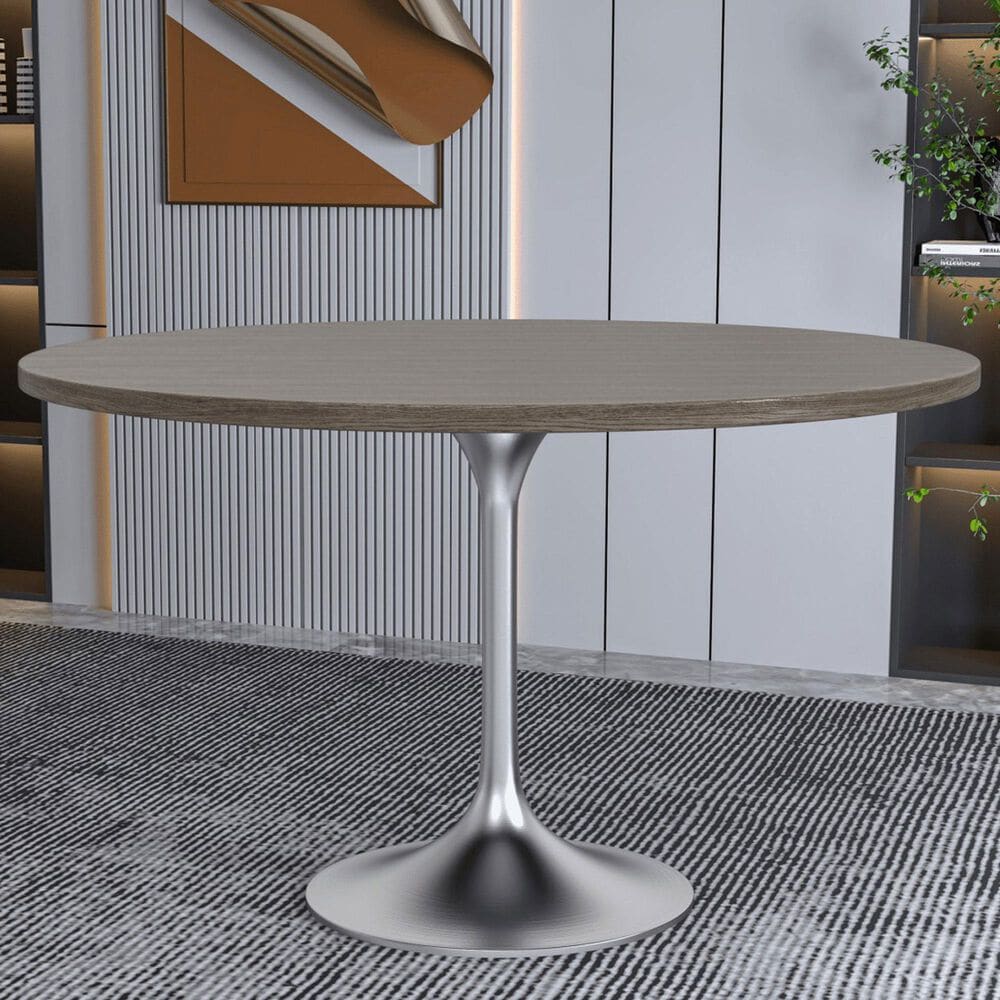 Leisuremod LeisureMod Verve Collection 48 Round Dining Table, Brushed Chrome Base with Dark Maple MDF Top, , large