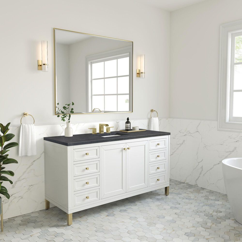 James Martin Vanities Chicago 60&quot; Single Bathroom Vanity in Glossy White with 3 cm Charcoal Soapstone Quartz Top and Rectangular Sink, , large