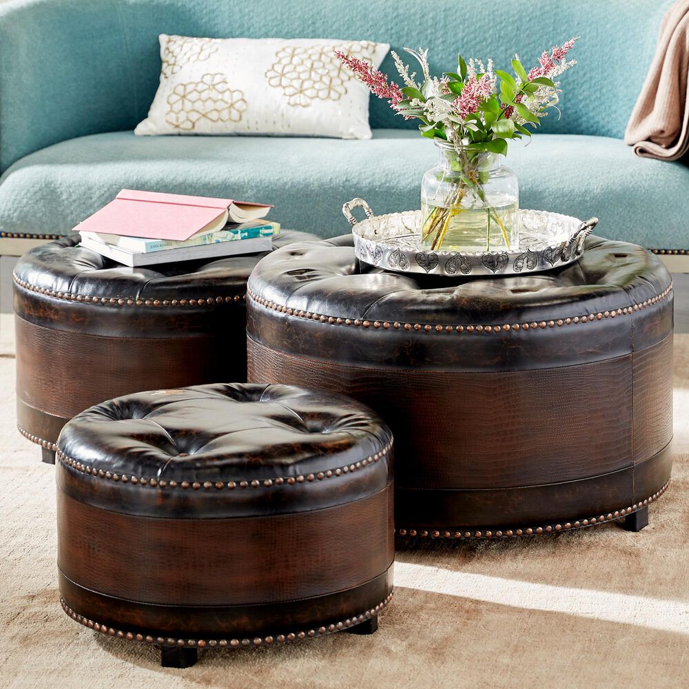 Maple and Jade Assorted Ottomans in Brown Faux Leather (Set of 3), , large