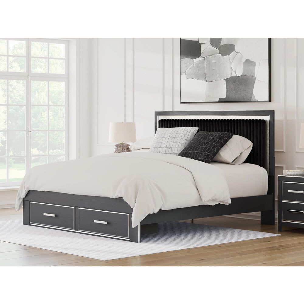 Ashley Zuraleus King Upholstered Panel Storage Bed with Two Nightstands in Matte Black, , large
