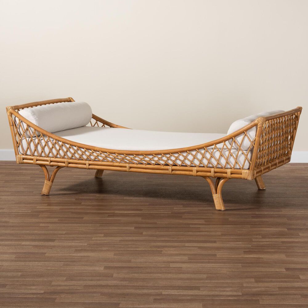 Baxton Studio Akemi Twin Rattan Daybed with Cushion in Light Honey, , large