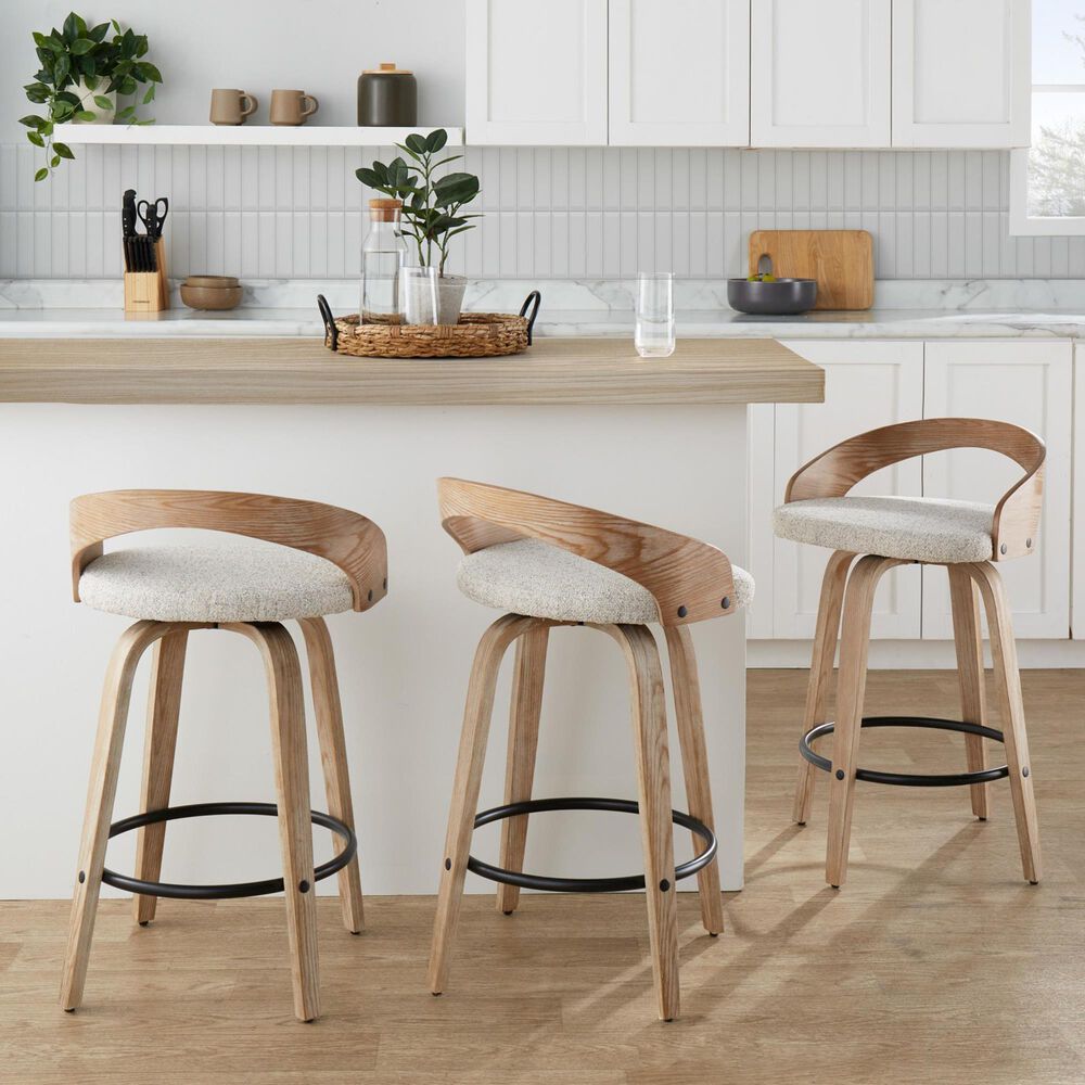 LumiSource Grotto 26" Swivel Counter Stool with Oat Fabric Upholstery in Whitewashed and Black (Set of 2), , large
