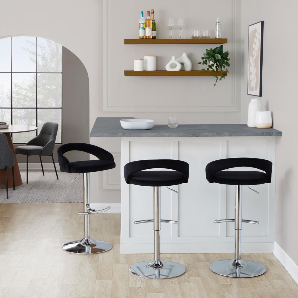 LumiSource Grotto Swivel Adjustable Bar Stool with Black Velvet Upholstery in Chrome (Set of 2), , large