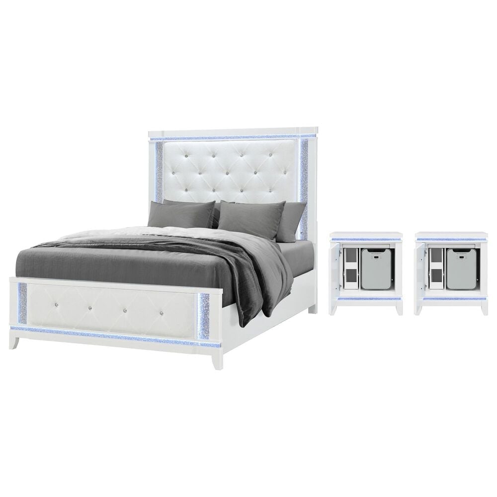 Global Furniture USA Alina 3-Piece Queen Upholstered Panel LED Bed with Two Nightstands in White, , large