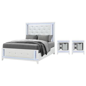 Global Furniture USA Alina 3-Piece Queen Upholstered Panel LED Bed with Two Nightstands in White, , large