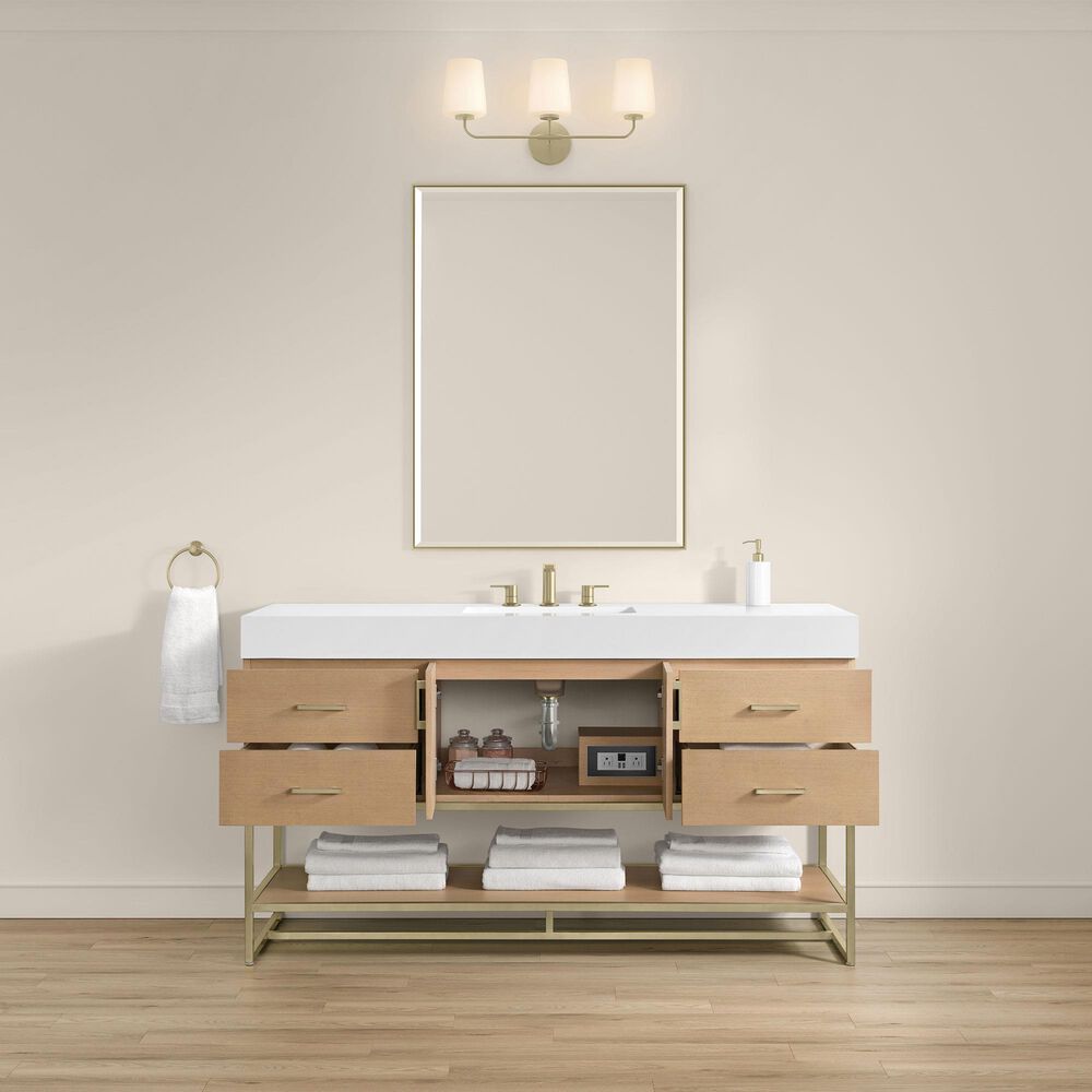 37B Mauri 60" Single Bathroom Vanity with Metal Base in Warm Oak and White Composite Stone Top, , large