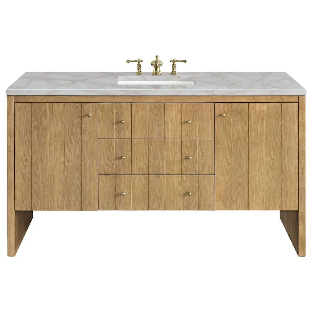 James Martin Vanities Hudson 60" Single Bathroom Vanity in Light Natural Oak with 3 cm Victorian Silver Quartz Top and Rectangular Sink, , large