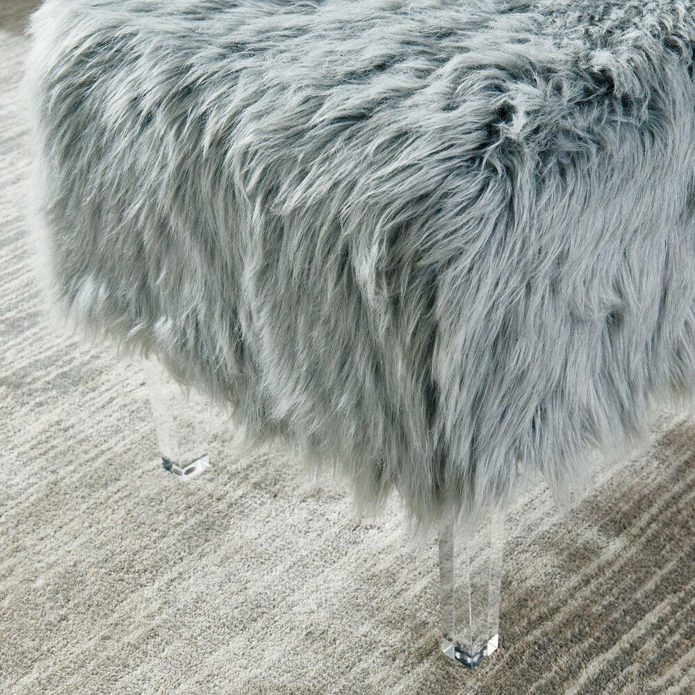 Furniture of America Scherrer Stationary Faux Fur Ottoman in Grey, , large