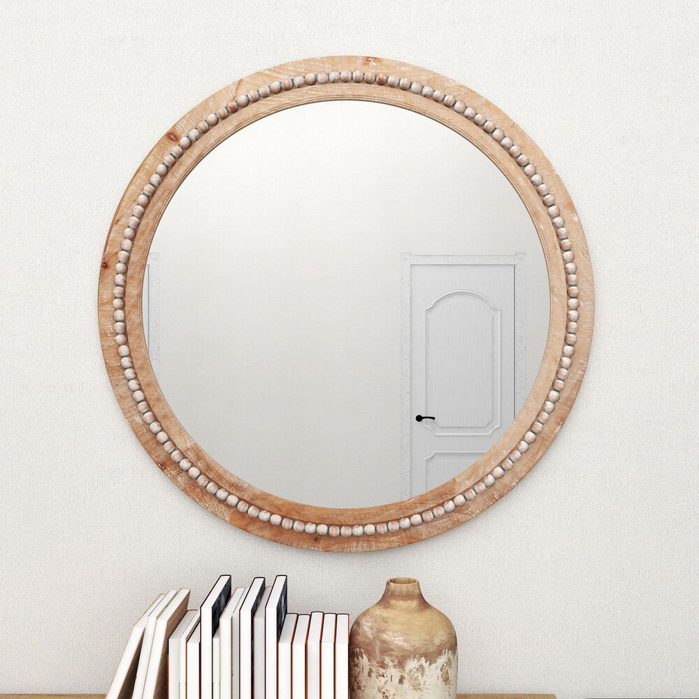 Maple and Jade 36&quot; Bohemian Wall Mirror with Beaded Frame in Distressed Light Brown and White, , large