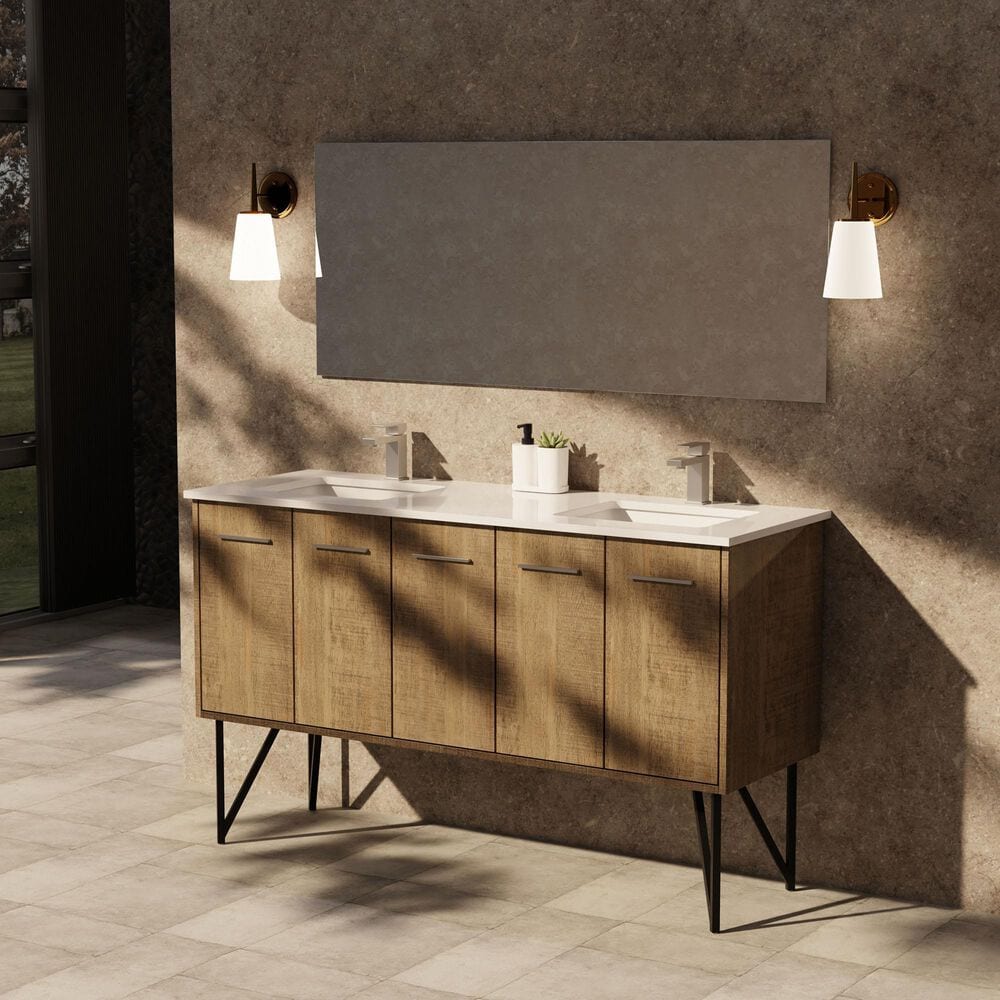 Lexora Home Lancy 60" Double Bathroom Vanity in Rustic Acacia with 2 cm White Quartz Top and Rectangular Sinks, , large