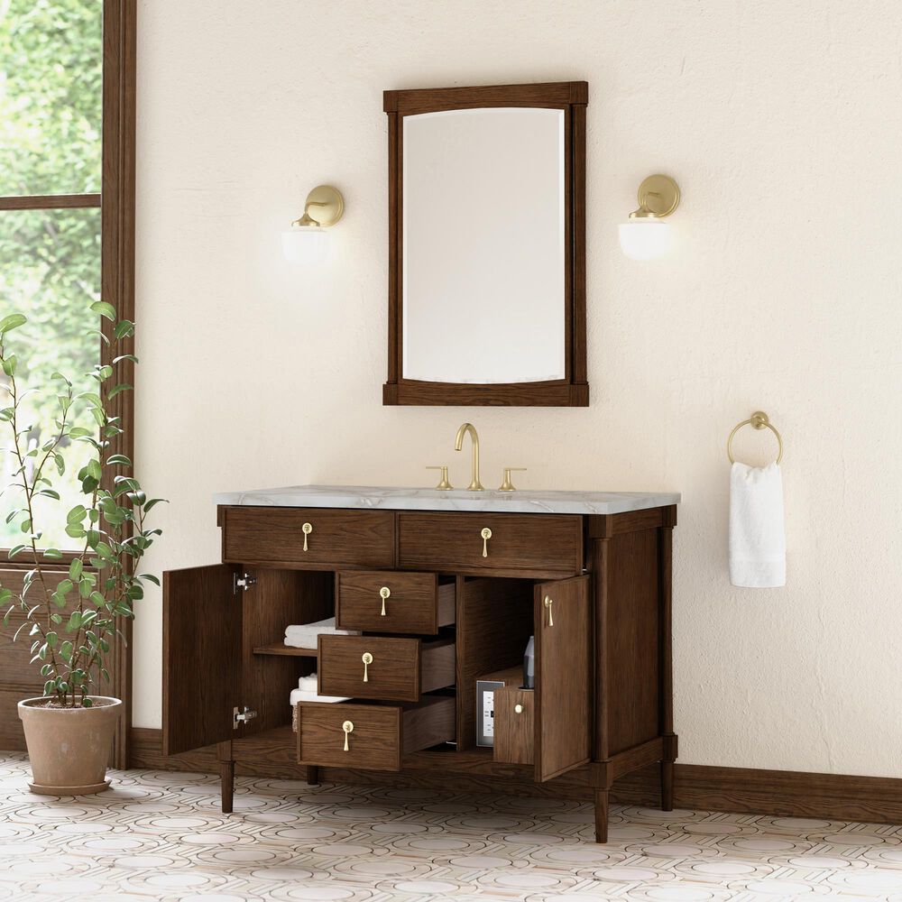 James Martin Kinnsden 48" Single Bathroom Vanity in Sable Oak with 3 cm Victorian Silver Silestone Top, Rectangular Sink and FreePower Wireless Charger, , large