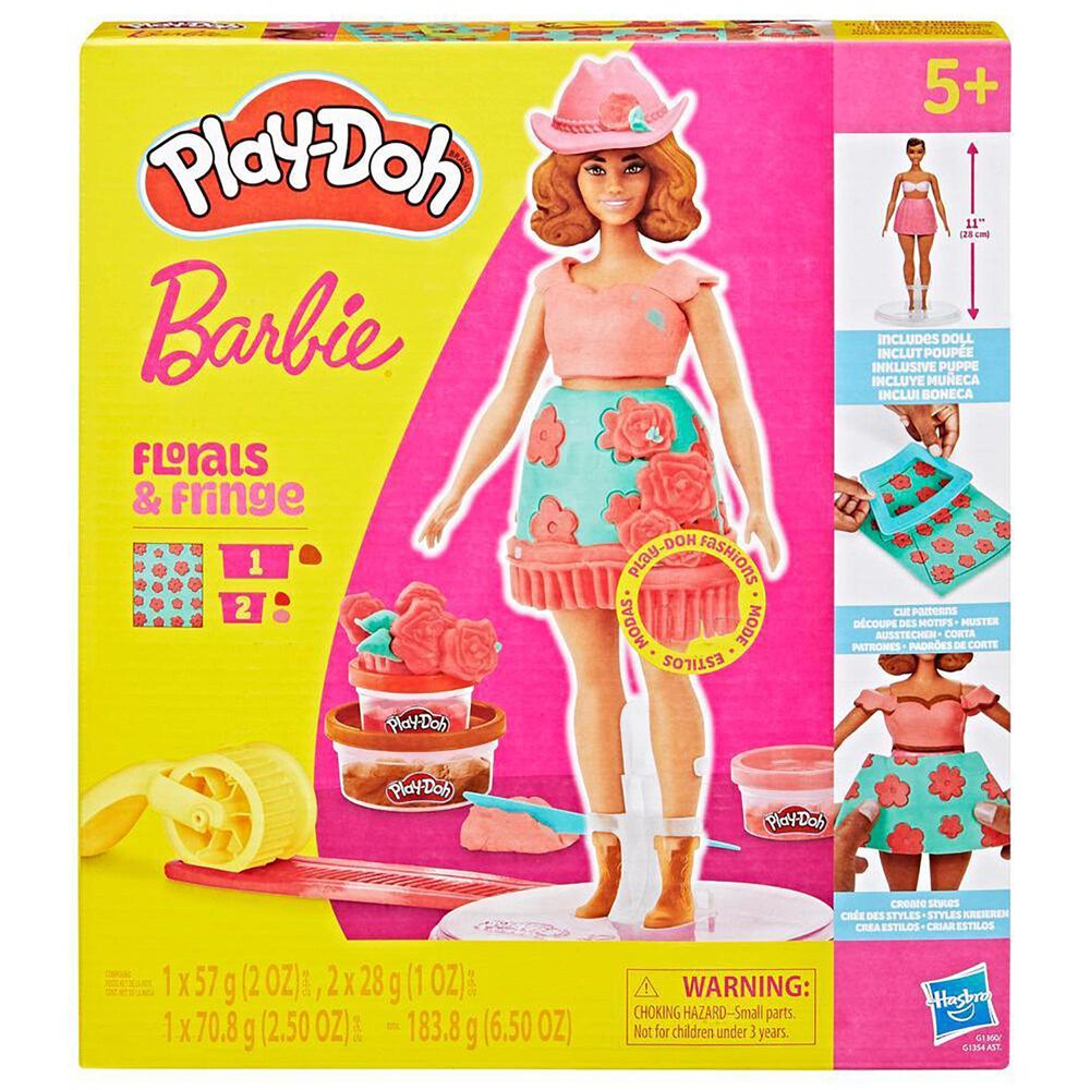 PlayDoh Barbie Florals and Fringe Doll Set with Three Modeling Doughs in Red, Brown and Pink, , large