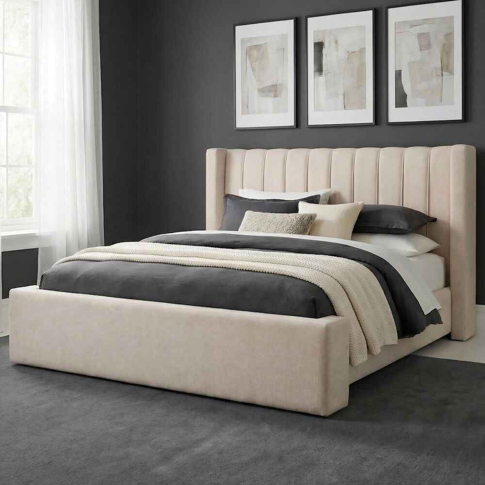 Urban Home Series 1594 Cream Upholstered Full Wingback Platform Bed in White, , large