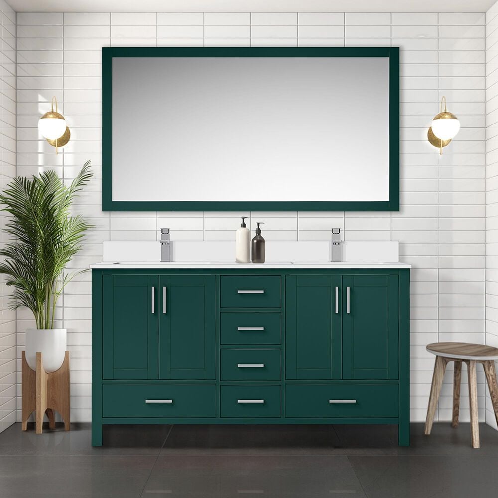 Lexora Home Jacques 60&quot; Double Bathroom Vanity in Green with 2 cm White Cultured Marble Top and Rectangular Sinks, , large