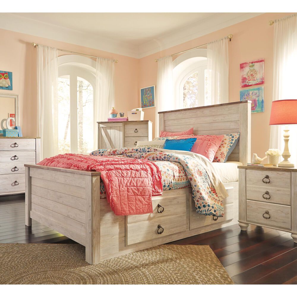 Ashley Willowton Full Panel Bed with 2 Storage Drawers in Whitewash, , large