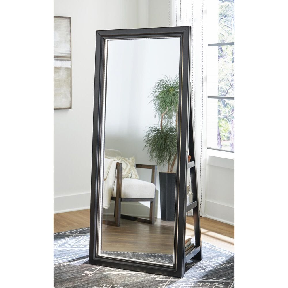 Ashley Evesen Floor Standing Mirror with Shelves in Black, , large