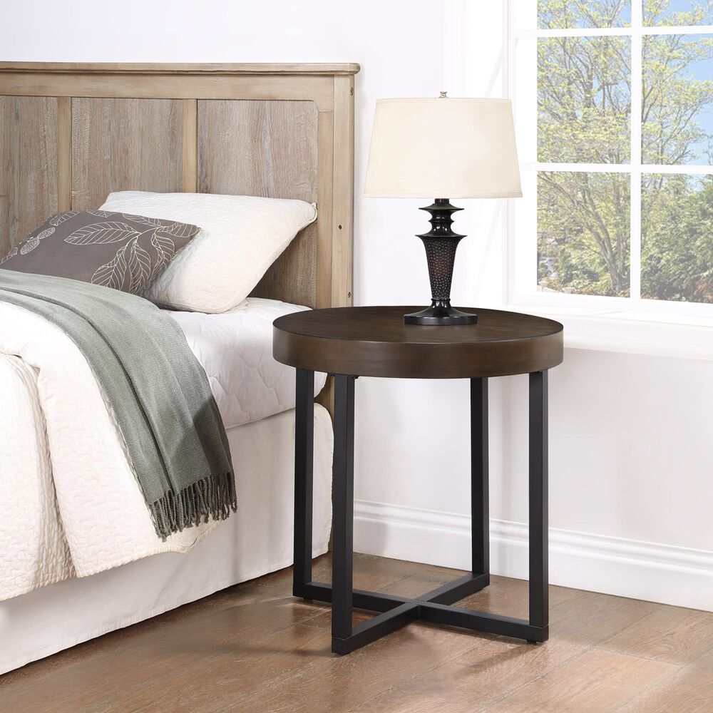 Steve Silver Furniture Yukon Round End Table in Walnut and Black, , large