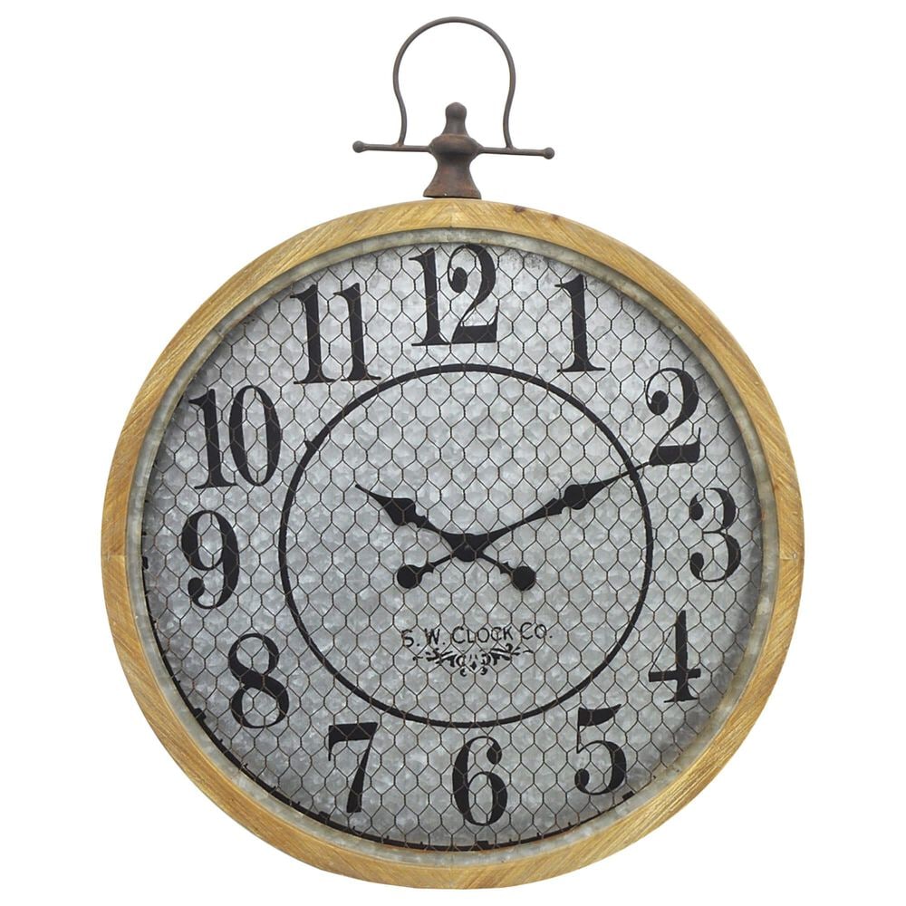 Three Hands Wall Clock with Wood Frame and Chicken Wire Front in Brown, , large