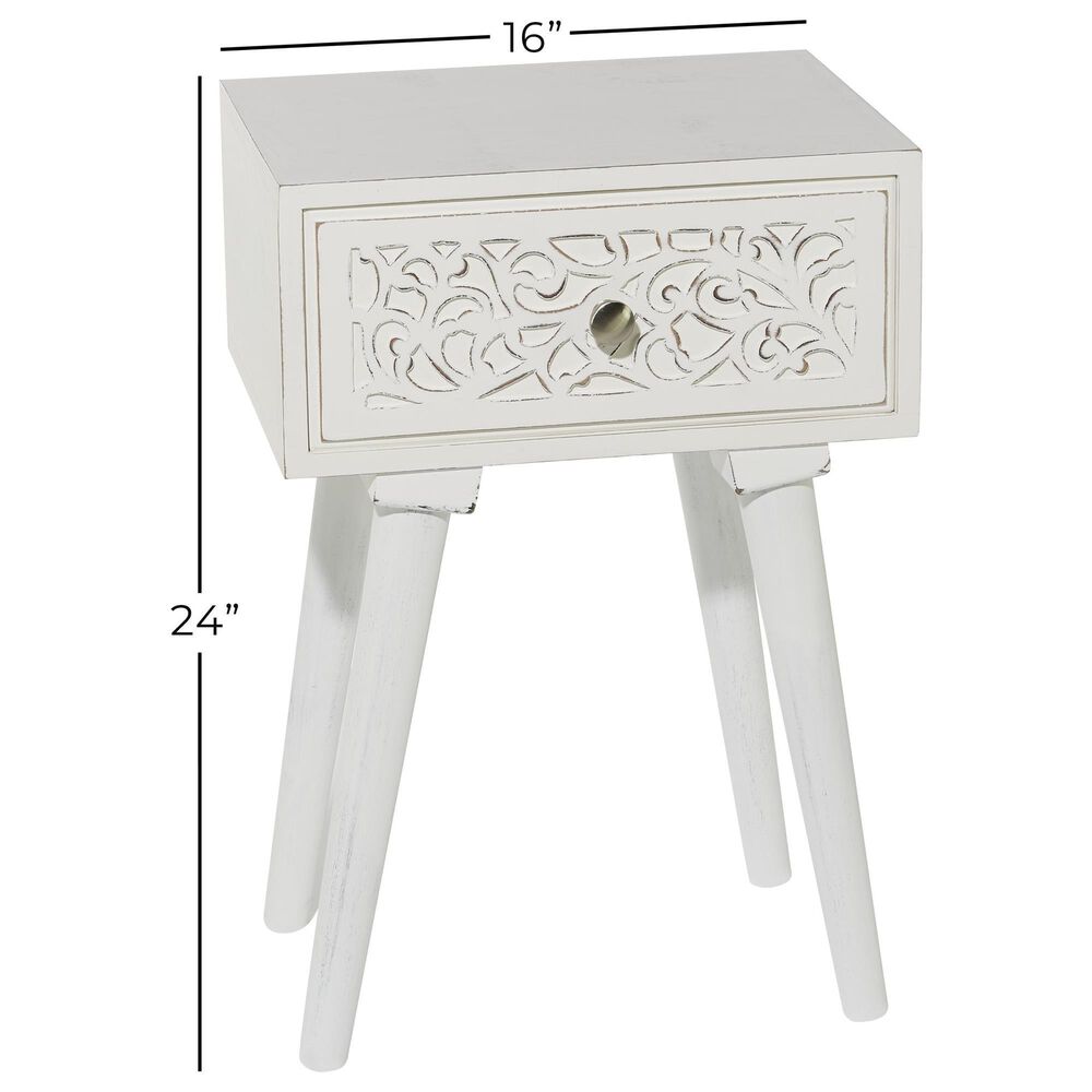 Maple and Jade Intricately Carved Single Drawer Scroll Accent End Table in Distressed White, , large