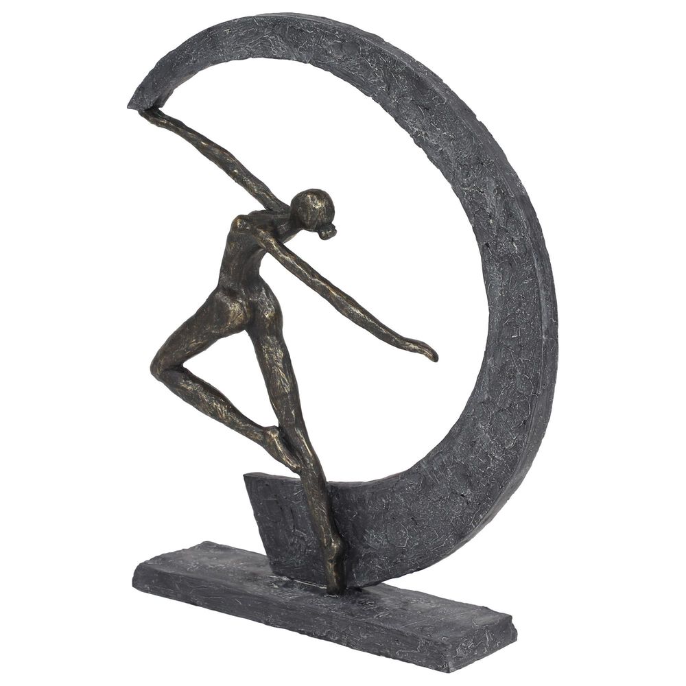 Maple and Jade 15&quot; x 12&quot; Resin Dancer and Crescent Moon Shaped Sculpture in Dark Gray and Gold, , large