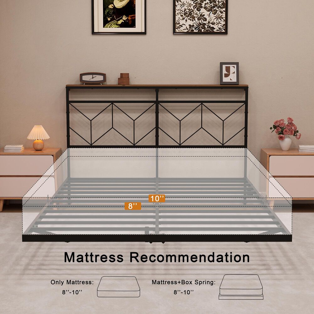 HOMLUX Queen Floating Bed Frame with LED Headboard and Charging Station in Black, , large