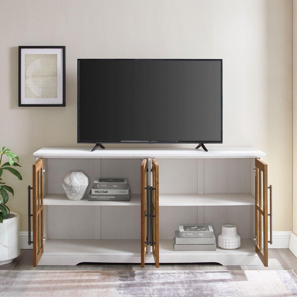 Walker Edison Abigail 58&quot; TV Stand in Brushed White/Rustic Oak, , large