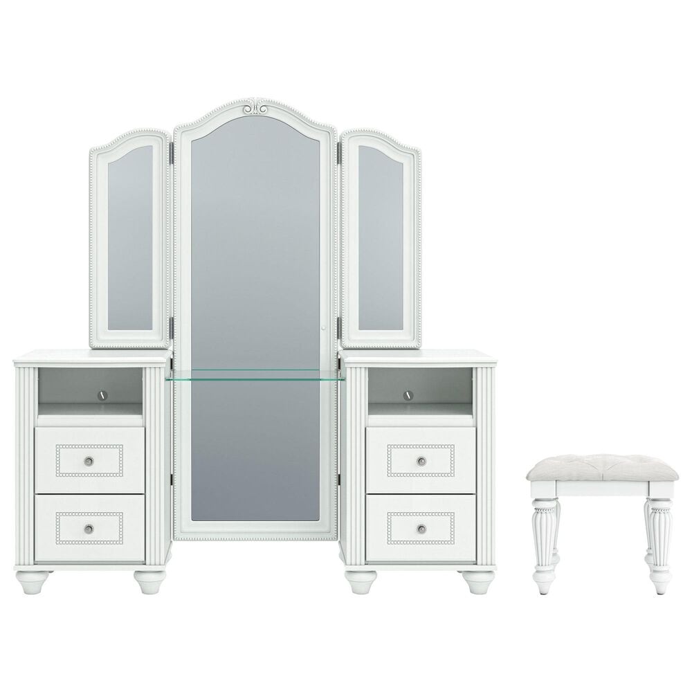 Ashley Kozlani 3-Piece Vanity Cabinet Set with Mirror and Stool in Matte White, , large