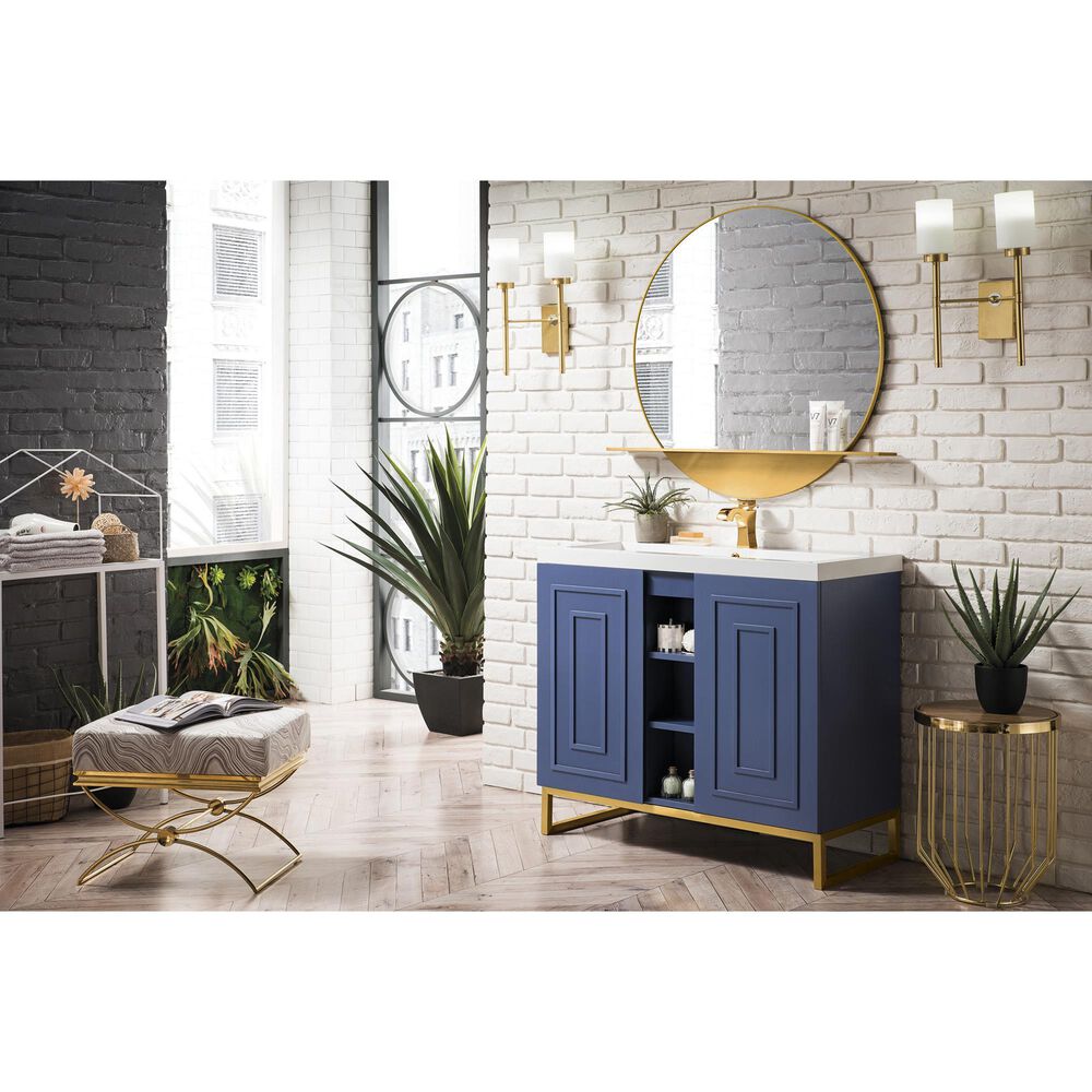 James Martin Vanities Alicante 39.5&quot; Single Bathroom Vanity in Azure Blue and Radiant Gold with 5 cm White Glossy Resin Top and Rectangular Sink, , large
