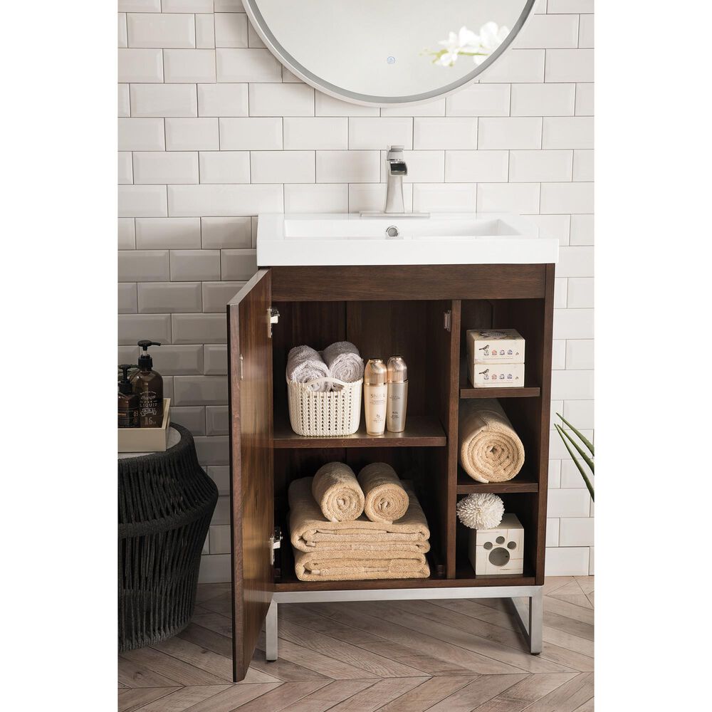 James Martin Vanities Alicante 24&quot; Single Bathroom Vanity in Mid Century Acacia and Brushed Nickel with 5 cm White Glossy Resin Top and Rectangular Sink, , large
