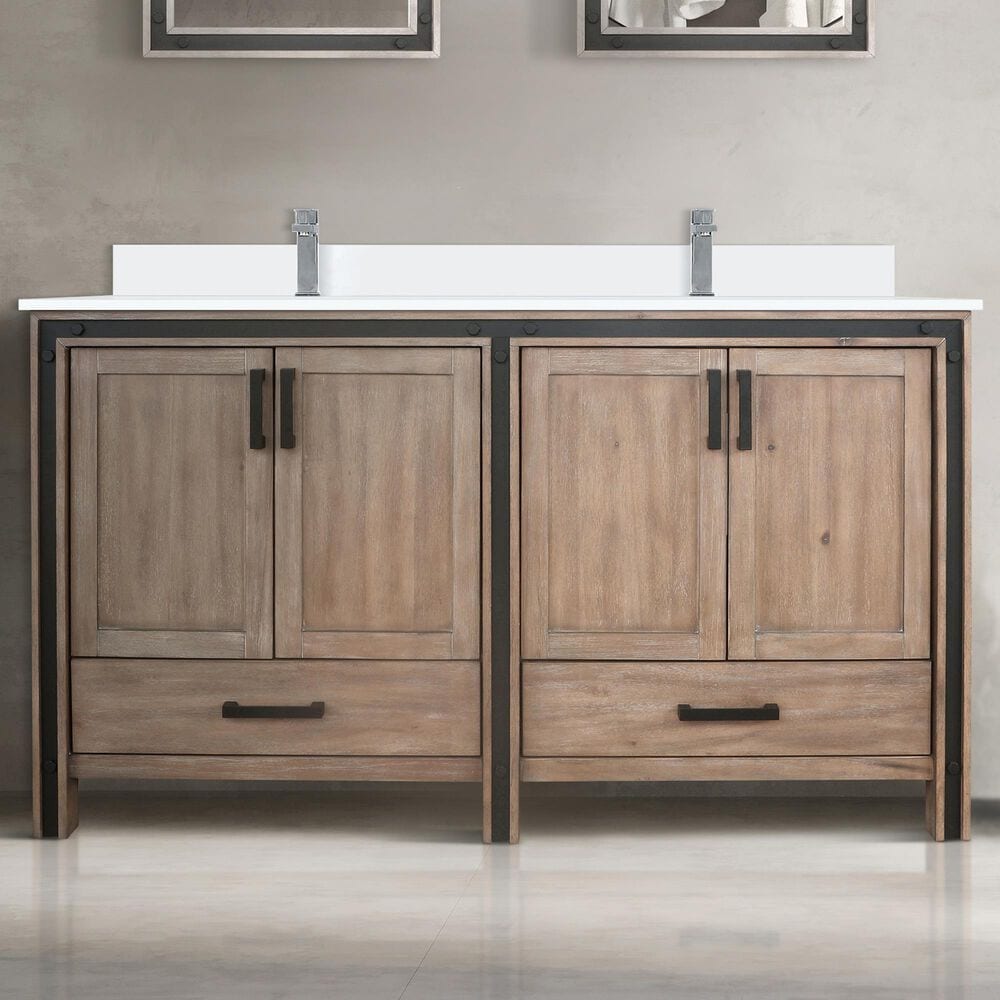 Lexora Home Ziva 60&quot; Double Bathroom Vanity in Rustic Barnwood with 2 cm White Cultured Marble Top and Rectangular Sinks, , large
