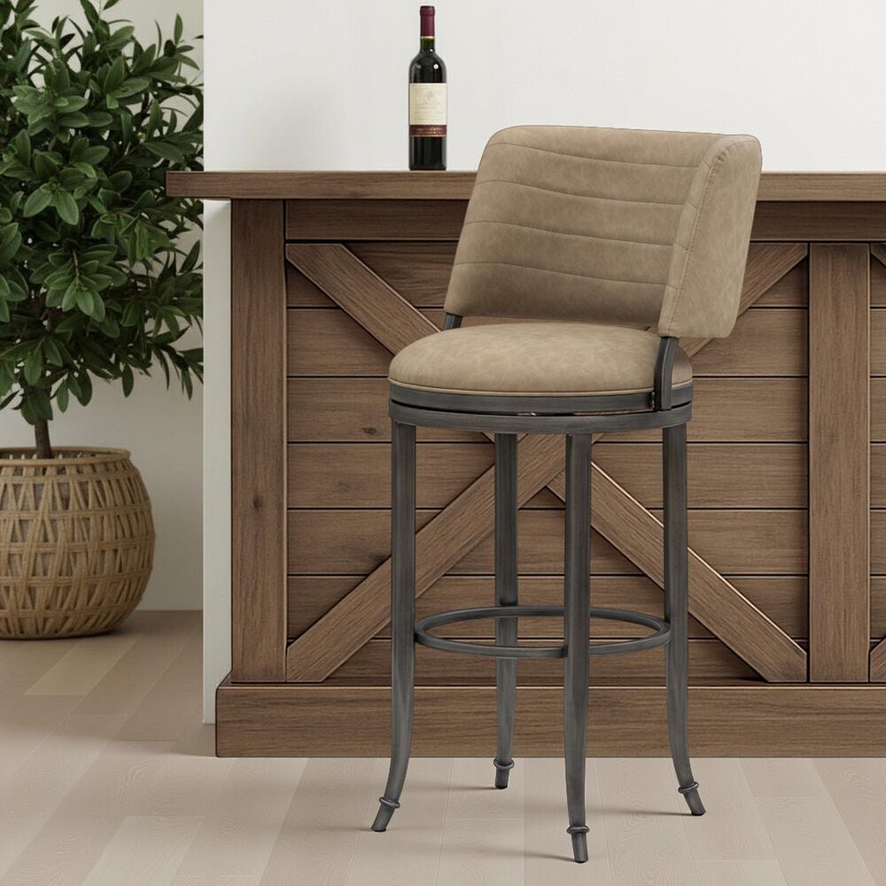 Armen Living Torres Bar Height Stool with Mushroom Brown Upholstery in Antique Pewter, , large