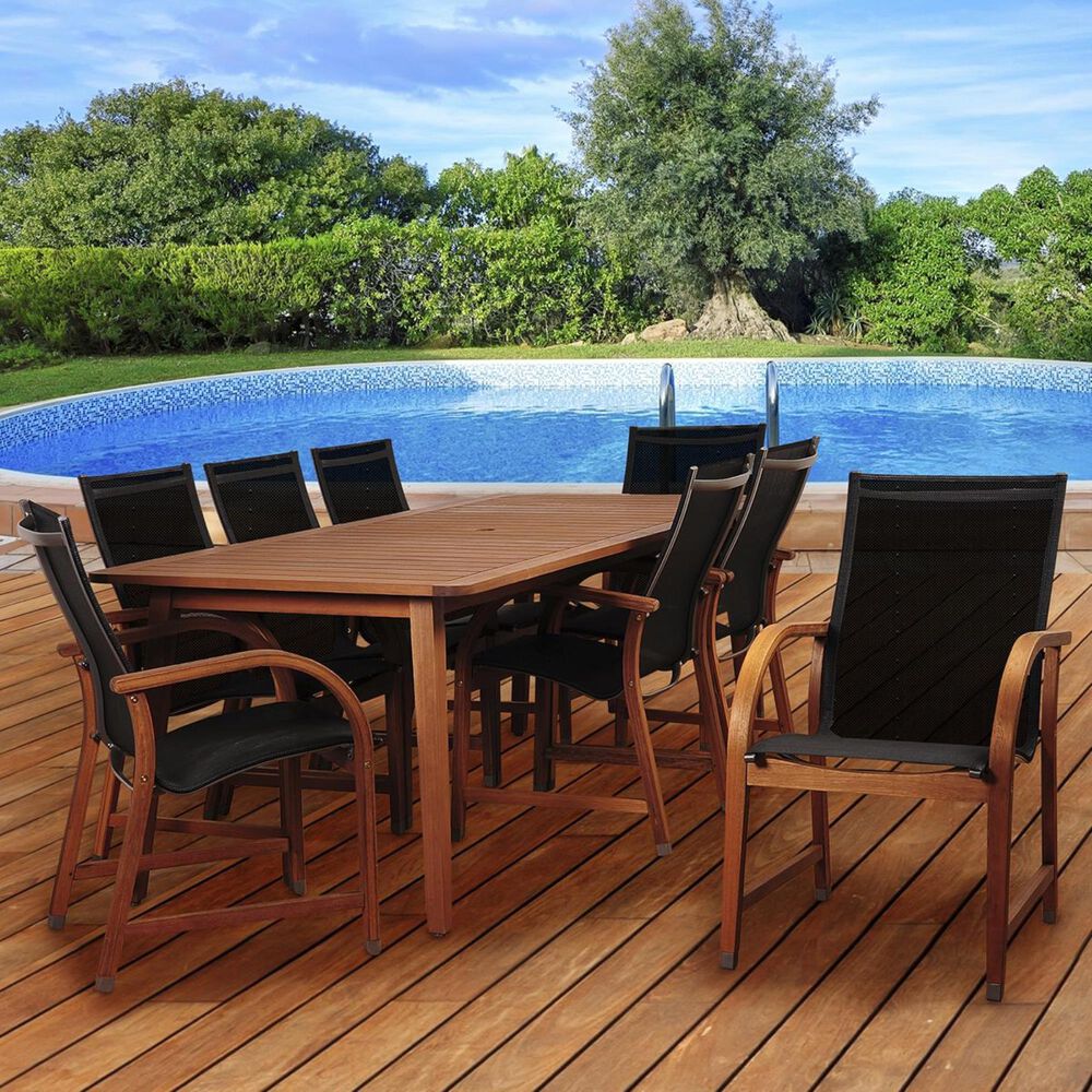 International Home Miami Amazonia Bahamas 9-Piece Eucalyptus Rectangular Dining Set with Black Sling Chair, , large