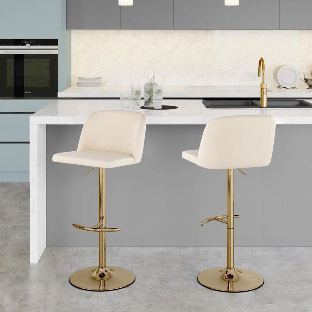 LumiSource Toriano Swivel Adjustable Bar Stool with Cream Faux Leather Upholstery in Gold (Set of 2), , large