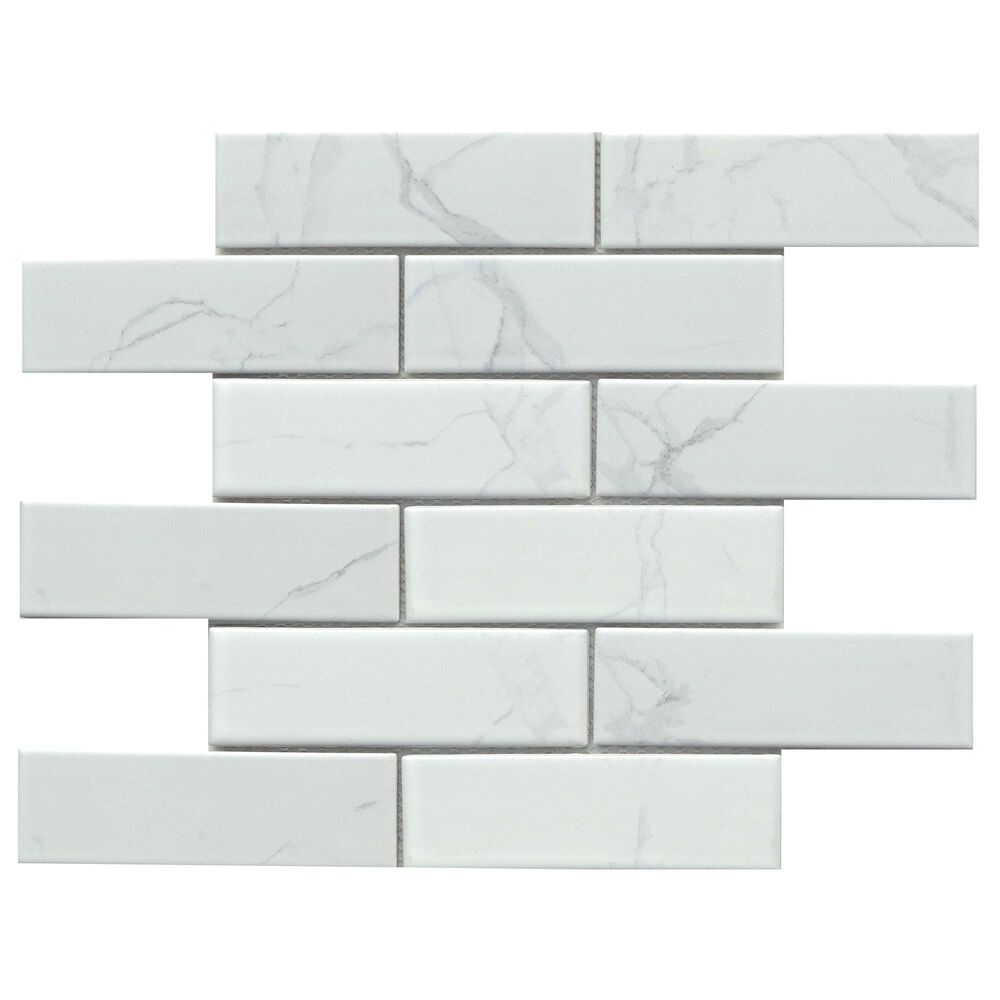 Emser Elegan Calacata 2" x 6" Rectangle on 12" x 11" Offset Porcelain Mosaic Sheet, , large