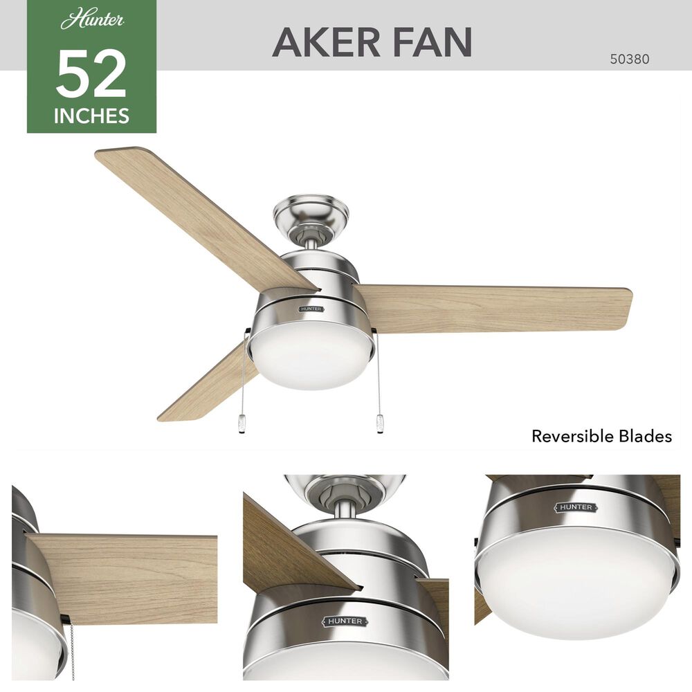 Hunter Aker 52&quot; Ceiling Fan with LED Lights in Brushed Nickel, , large