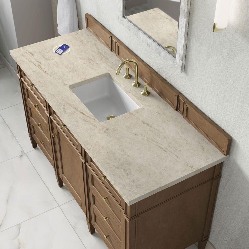 James Martin Brittany 60" Single Bathroom Vanity in Pecan with 3 cm Tajnar Eclos Top, Rectangular Sink and FreePower Wireless Charger, , large
