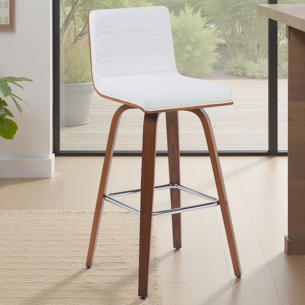 Armen Living Vienna Swivel Bar Height Stool with Snow White Upholstery in Walnut, , large